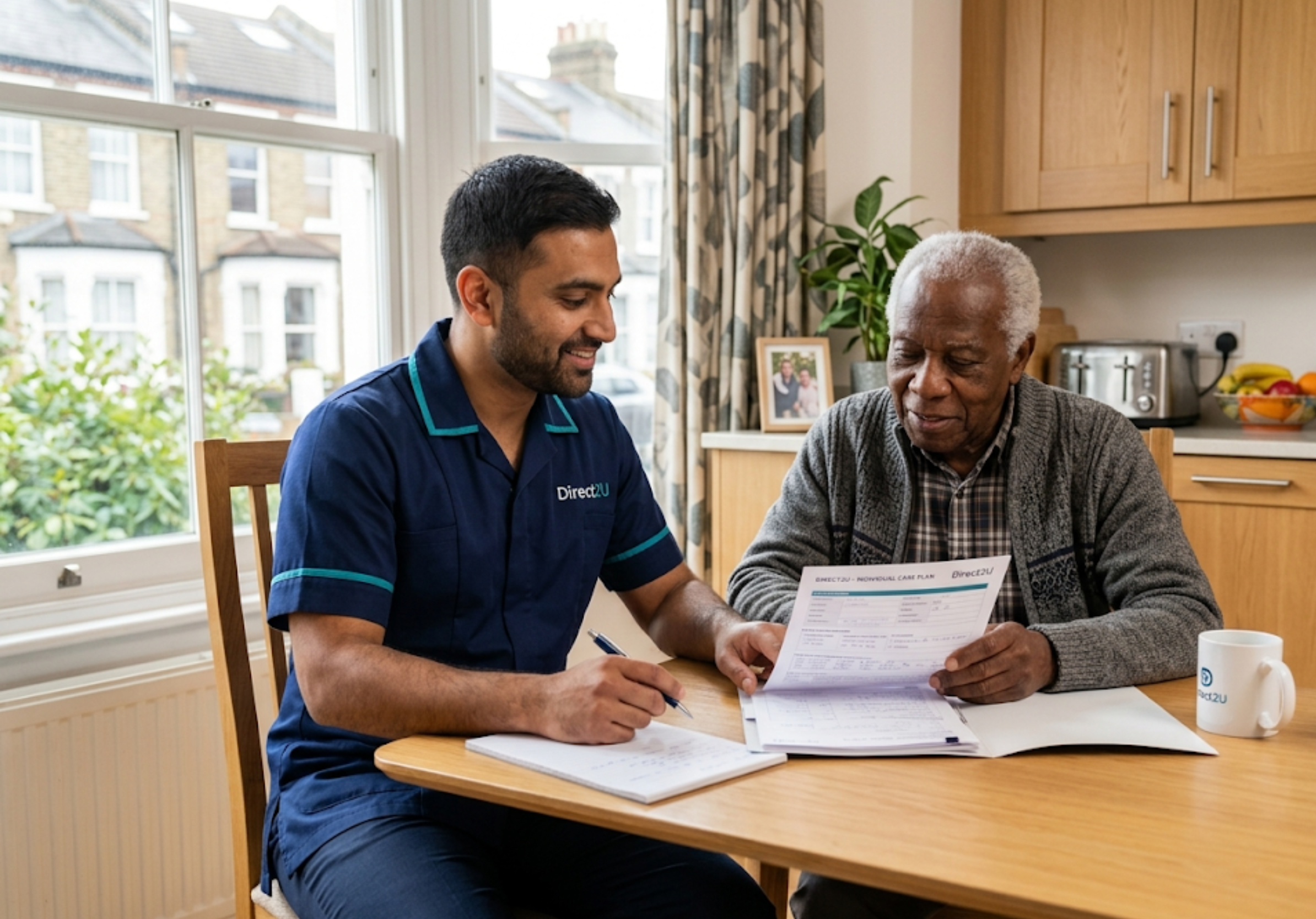 Care coordinator reviewing a personalised domiciliary care plan with a client at home